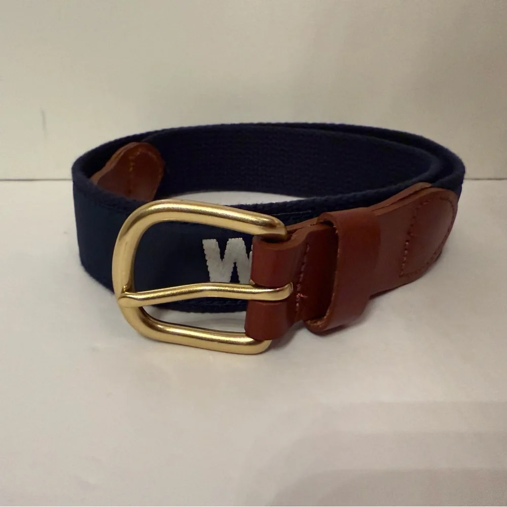 LEATHER MAN MENS BELT NAVY WHITE WH WATCH HILL RI NAUTICAL USA SIZE 30